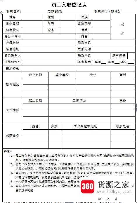 入职登记表的模板