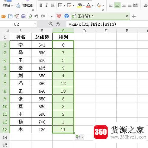 wps表格怎么进行数据排名